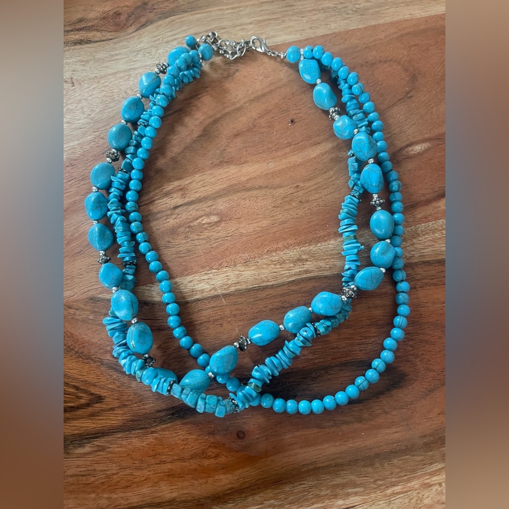 Turquoise Silver 3 Strand Statement Necklace - image 3